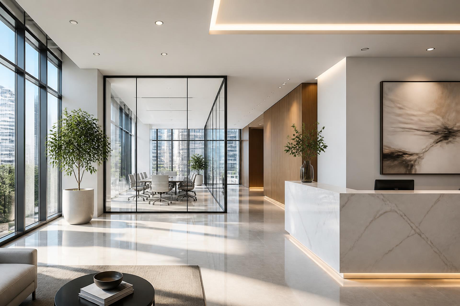 Bright modern glass-walled office with marble surfaces and natural light